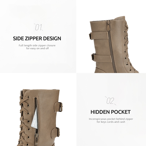 Faux Fur Mid Calf Combat Boots - KHAKI - 3