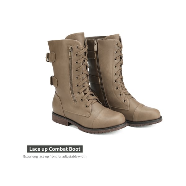 Faux Fur Mid Calf Combat Boots - KHAKI - 4