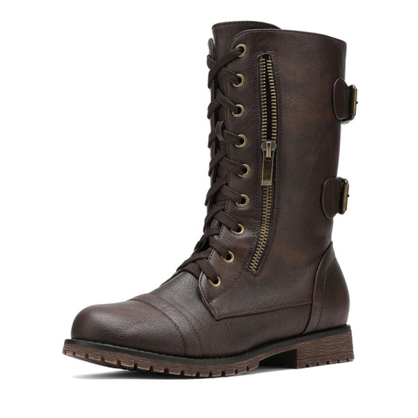 Utilitarian Ankle Mid Calf Combat Boots - BROWN -  0