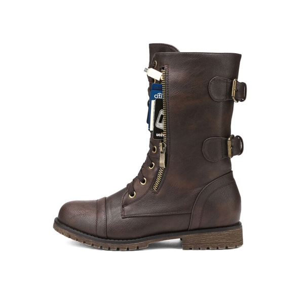 Utilitarian Ankle Mid Calf Combat Boots - BROWN - 1