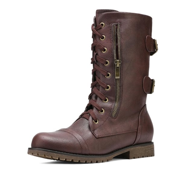Utilitarian Ankle Mid Calf Combat Boots - BURGUNDY -  0