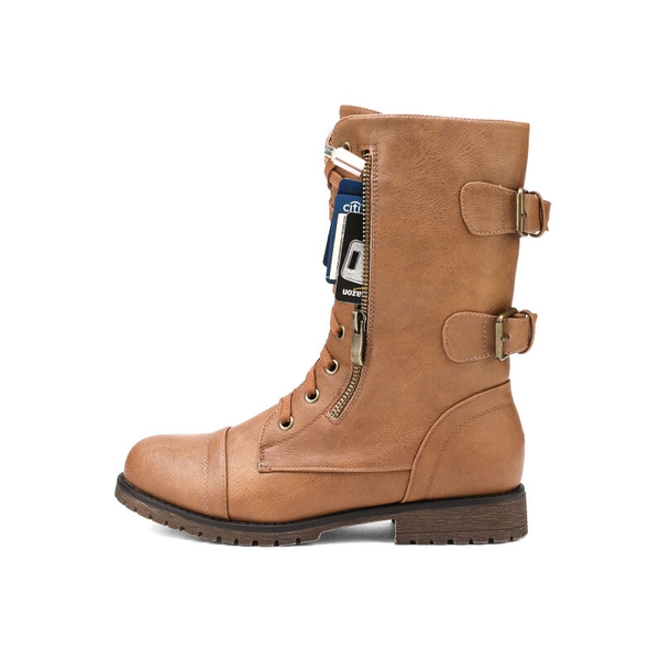 Utilitarian Ankle Mid Calf Combat Boots - CAMEL - 3
