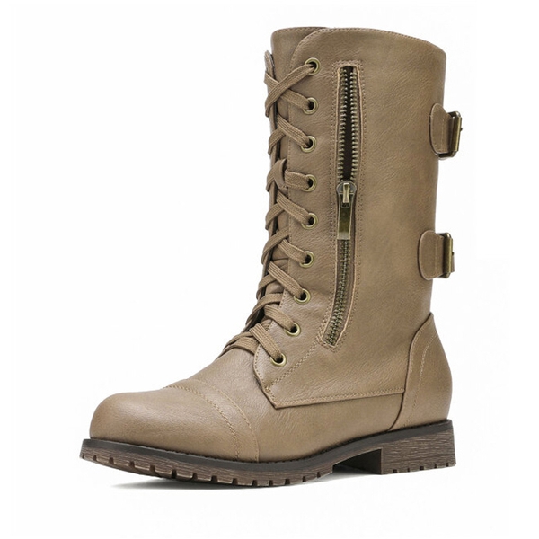 Utilitarian Ankle Mid Calf Combat Boots - KHAKI -  0