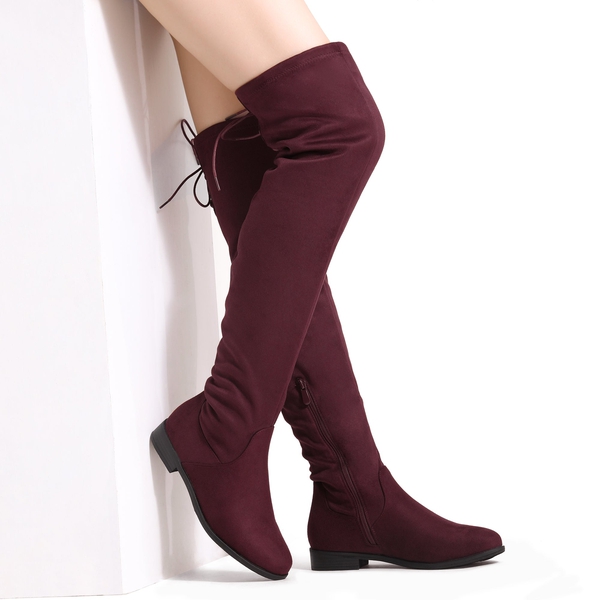 Low Heel Thigh High Boots - BURGUNDY - 1