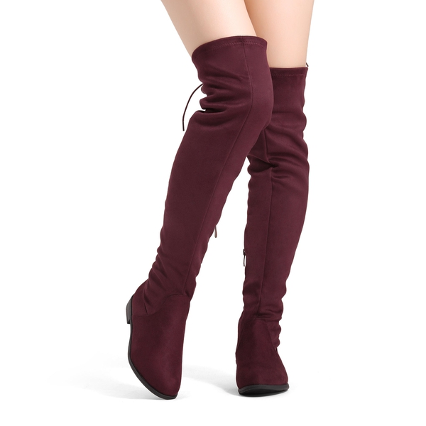 Low Heel Thigh High Boots - BURGUNDY - 2