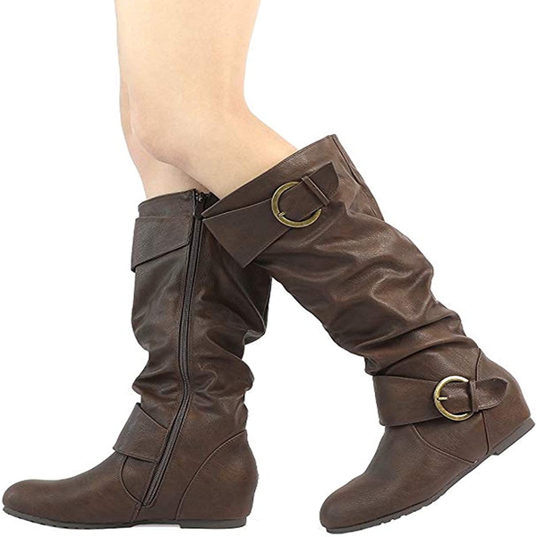 Low Heel Knee High Boots - BROWN - 1