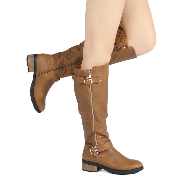 Wide Calf Knee High Riding Boots - CAMEL - 1