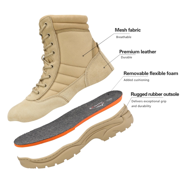 Men's Wide Width Leather Tactical Work Boots - SAND - 4