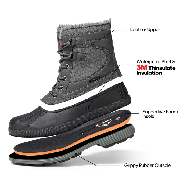 Men's Waterproof Insulated Snow Boots【Wide Fit】 - GREY-BLACK - 3