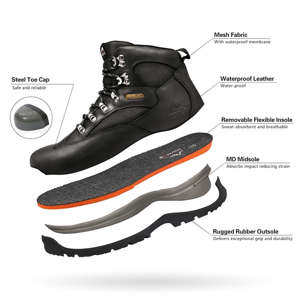 Men's Cap Toe Steel Toe Work Boots - BLACK - 3